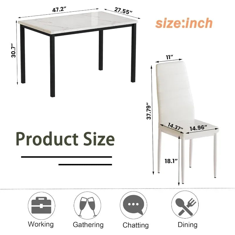 5 Pieces Dining Table Set, Kitchen Table Set with Faux Marble Top Table and 4 Faux Leather Upholstered Chairs for Kitchen,
