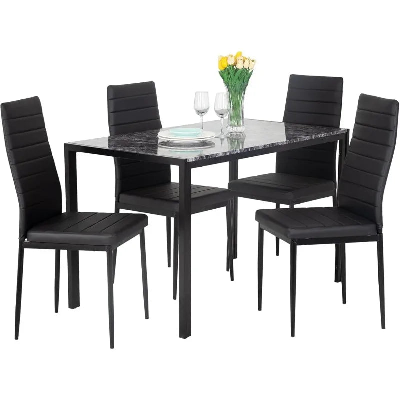 Dining Table and Chairs Set, Modern Rectangular Marble Table top with 4 Chairs PU Leather for Dining Room and Kitchen, Marble