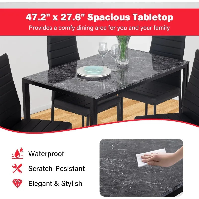 Dining Table and Chairs Set, Modern Rectangular Marble Table top with 4 Chairs PU Leather for Dining Room and Kitchen, Marble