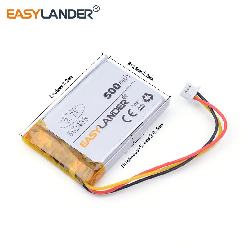 3 thread Free shipping 3.7V 500mAH 562438 PLIB polymer lithium ion battery for mp3 mp4 DVR Sho-me Combo 1 Shome combo A1