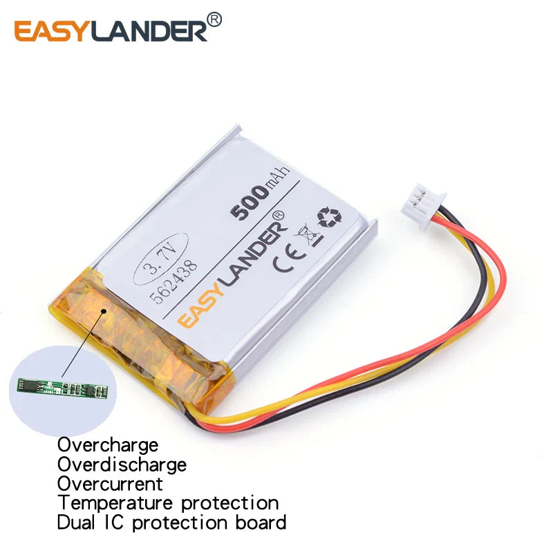3 thread Free shipping 3.7V 500mAH 562438 PLIB polymer lithium ion battery for mp3 mp4 DVR Sho-me Combo 1 Shome combo A1