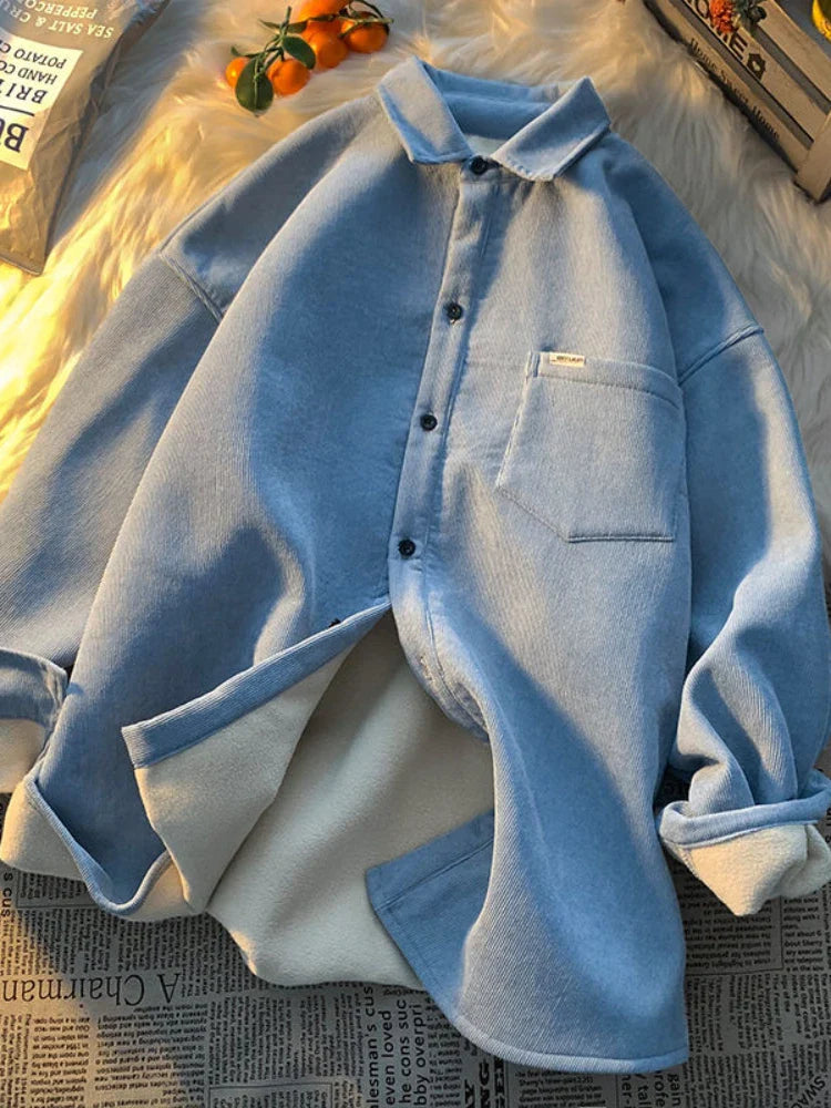 Gmiixder Japan Thickened Warm Collar Shirt Trendy Men Autumn Winter Retro Jacket Hong Kong Style Oversize Warm Blouse Top