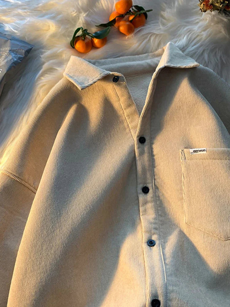 Gmiixder Japan Thickened Warm Collar Shirt Trendy Men Autumn Winter Retro Jacket Hong Kong Style Oversize Warm Blouse Top