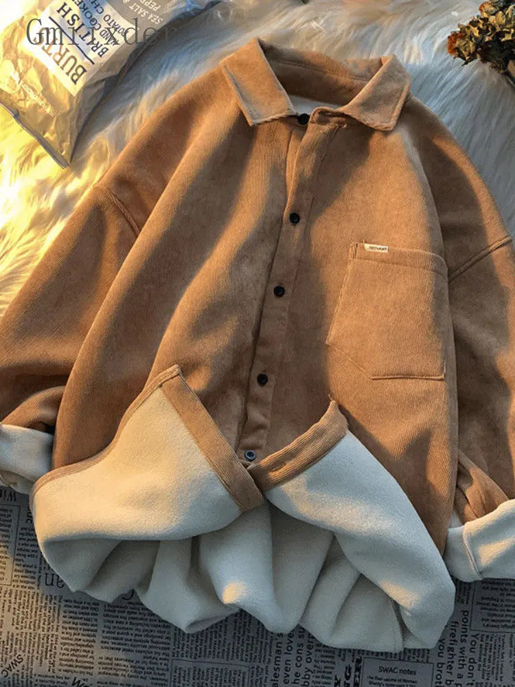 Gmiixder Japan Thickened Warm Collar Shirt Trendy Men Autumn Winter Retro Jacket Hong Kong Style Oversize Warm Blouse Top