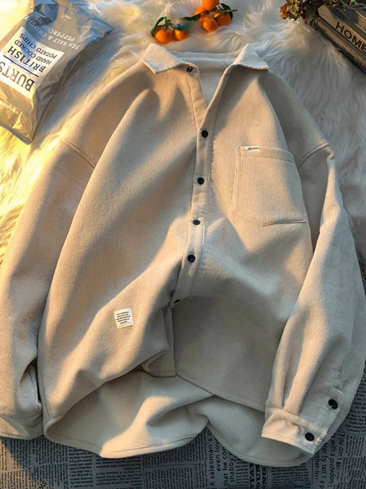 Gmiixder Japan Thickened Warm Collar Shirt Trendy Men Autumn Winter Retro Jacket Hong Kong Style Oversize Warm Blouse Top