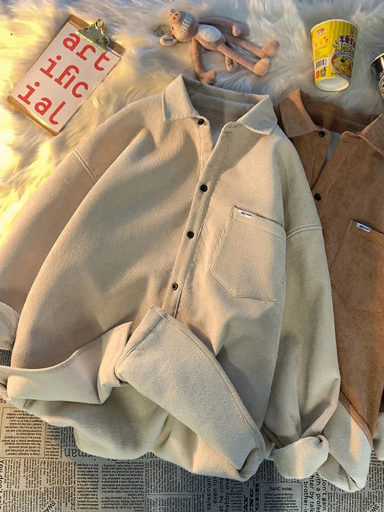 Gmiixder Japan Thickened Warm Collar Shirt Trendy Men Autumn Winter Retro Jacket Hong Kong Style Oversize Warm Blouse Top