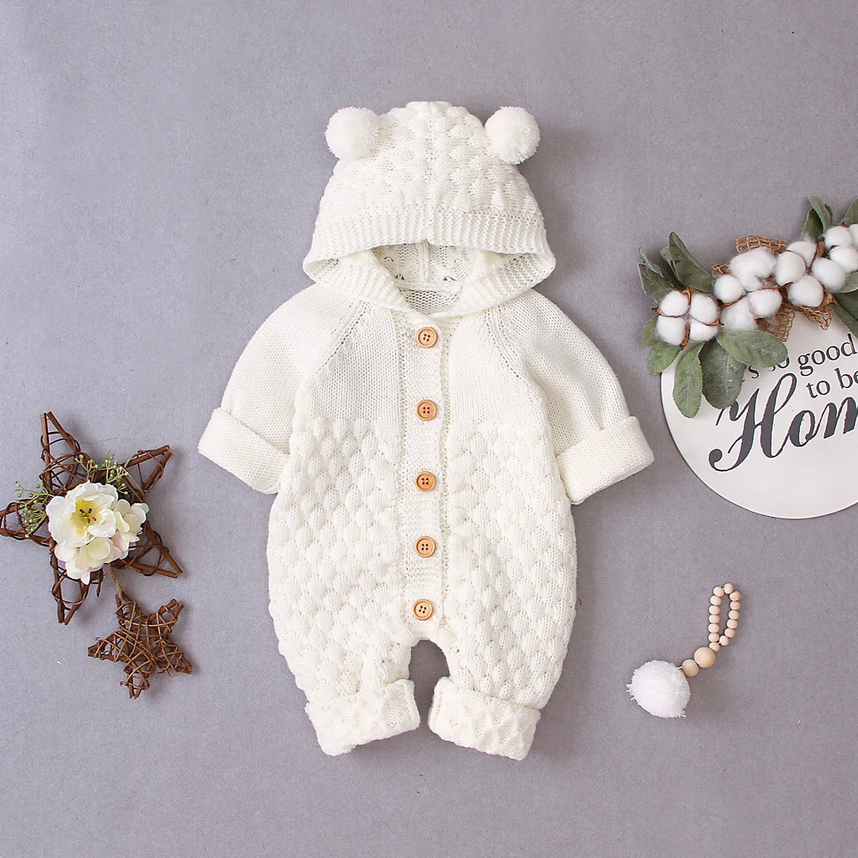 0-24M Newborn Baby Knitted Sweater Jumpsuits Autumn Winter Soft Warm Romper Boys Girls Hooded Bear EarJumpsuits Jackets