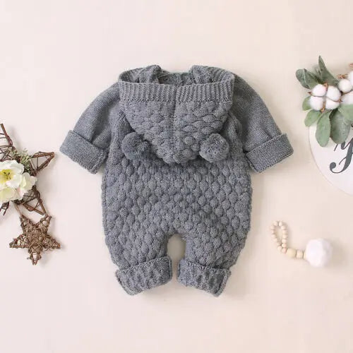 0-24M Newborn Baby Knitted Sweater Jumpsuits Autumn Winter Soft Warm Romper Boys Girls Hooded Bear EarJumpsuits Jackets