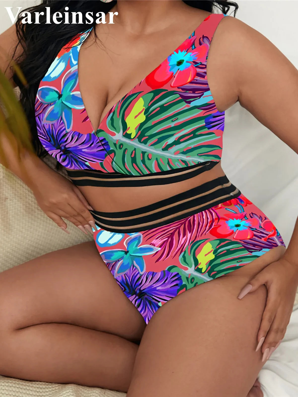 0XL - 4XL Sexy Floral Bikini Large Size Swimwear Plus Size Women Swimsuit Female Two-piece Bikini set Bather Bathing Suit V3893R