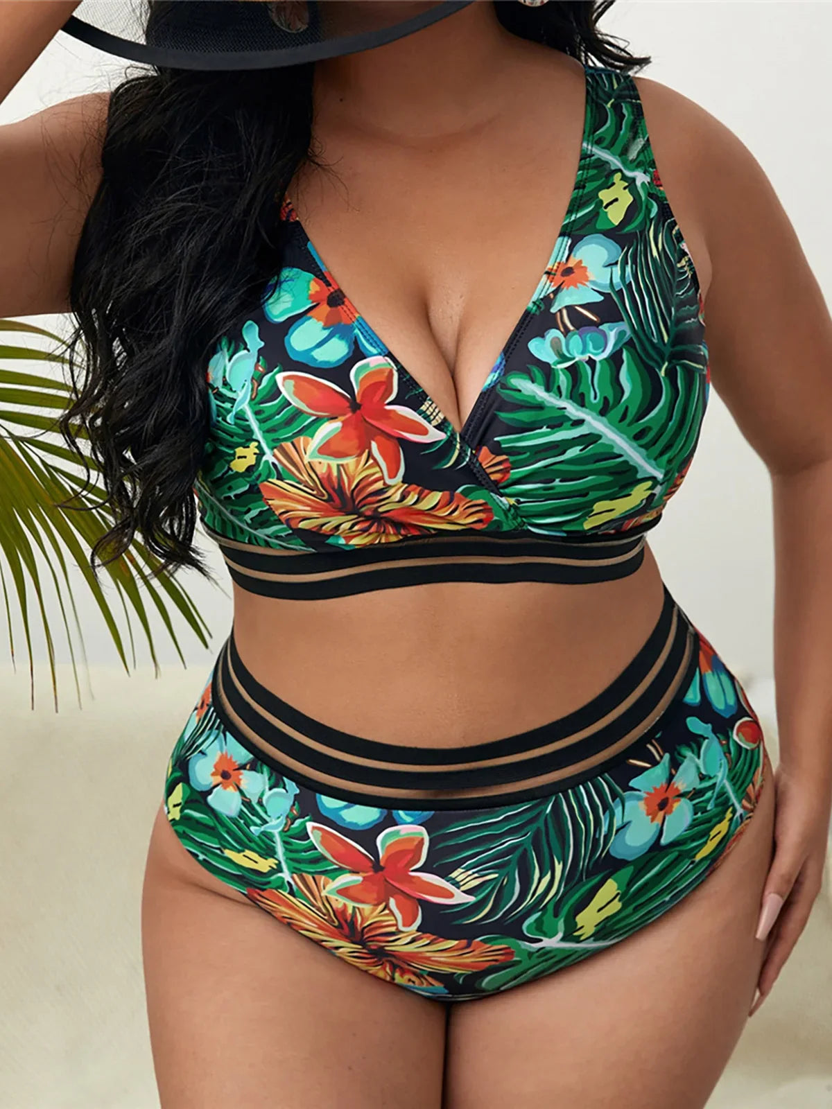 0XL - 4XL Sexy Floral Bikini Large Size Swimwear Plus Size Women Swimsuit Female Two-piece Bikini set Bather Bathing Suit V3893R