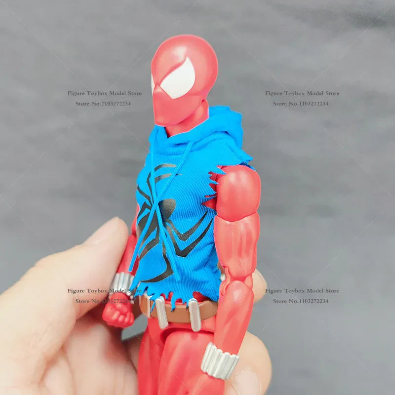 1/12 Scale Scarlet Spider-Man Hooded Vest Sleeveless Ripped Design Spider Print Coat Top Clothes Accessory For 6" Mafex Body