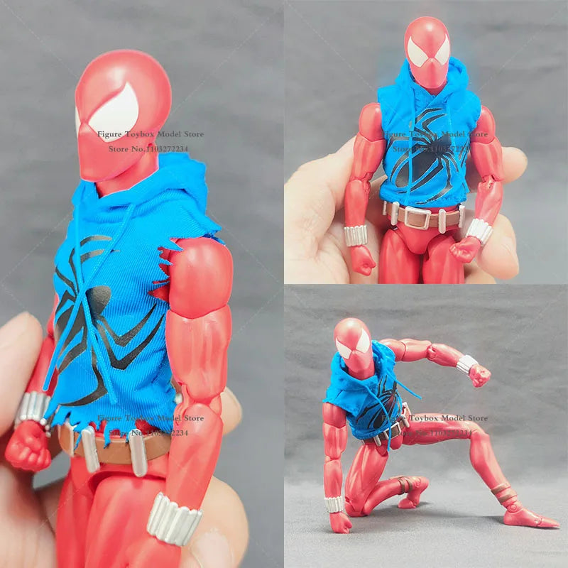 1/12 Scale Scarlet Spider-Man Hooded Vest Sleeveless Ripped Design Spider Print Coat Top Clothes Accessory For 6" Mafex Body