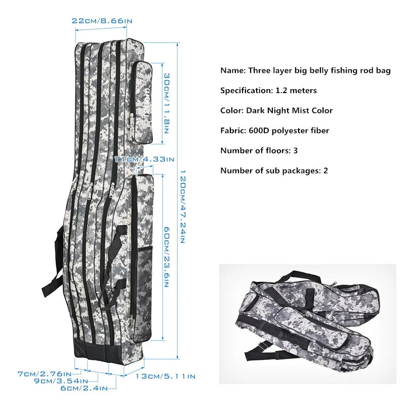 1.2m/1.5m three-layer foldable large belly sea fishing bag, double shoulder fishing rod bag, tool kit for outdoor storage