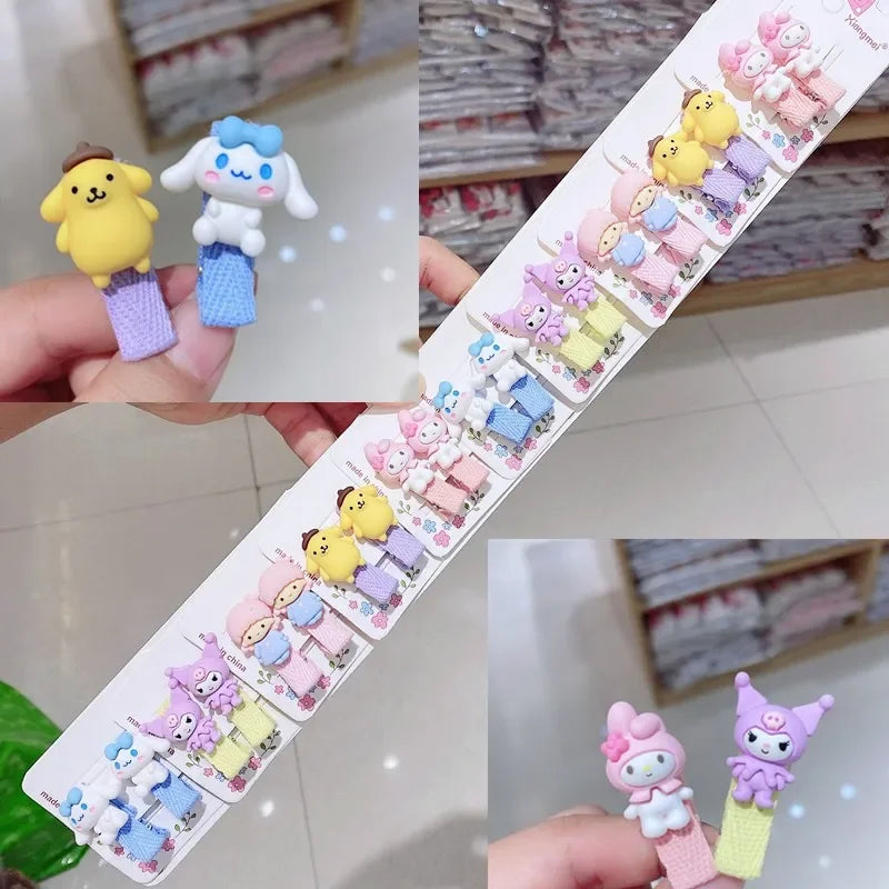 10 Pair Sanrio Hello Kitty Melody Coolommy Hairpin Leather Band Edge Clip Cute Cartoon Children's Hair Accessories Gift