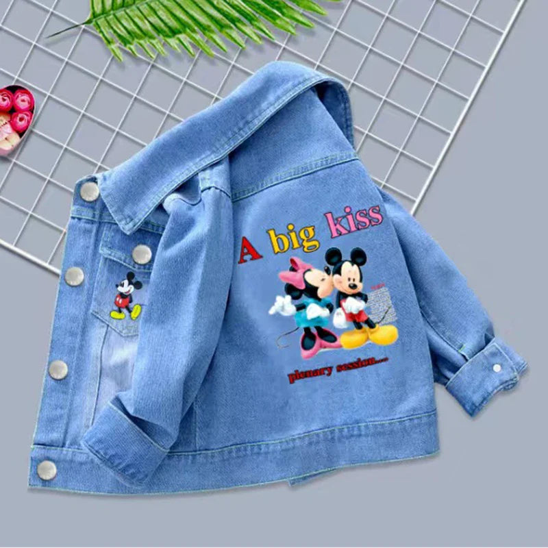 100% Cotton Baby Girls Denim Mickey Minnie Mouse Jacket Coat Children Kids Flower Printed Outerwear Clothes for 2 4 6 8 9y