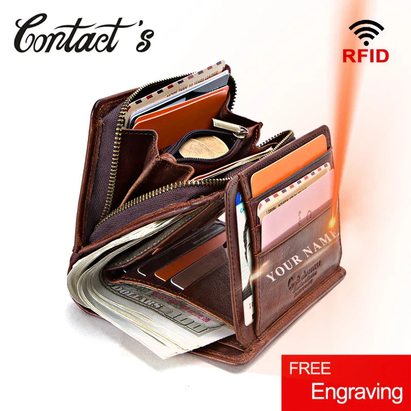 100% Genuine Leather Men Wallets Zipper Engraving Coin Purse Short Male Money Bag Quality Rfid Walet Small Card Holder Clutch