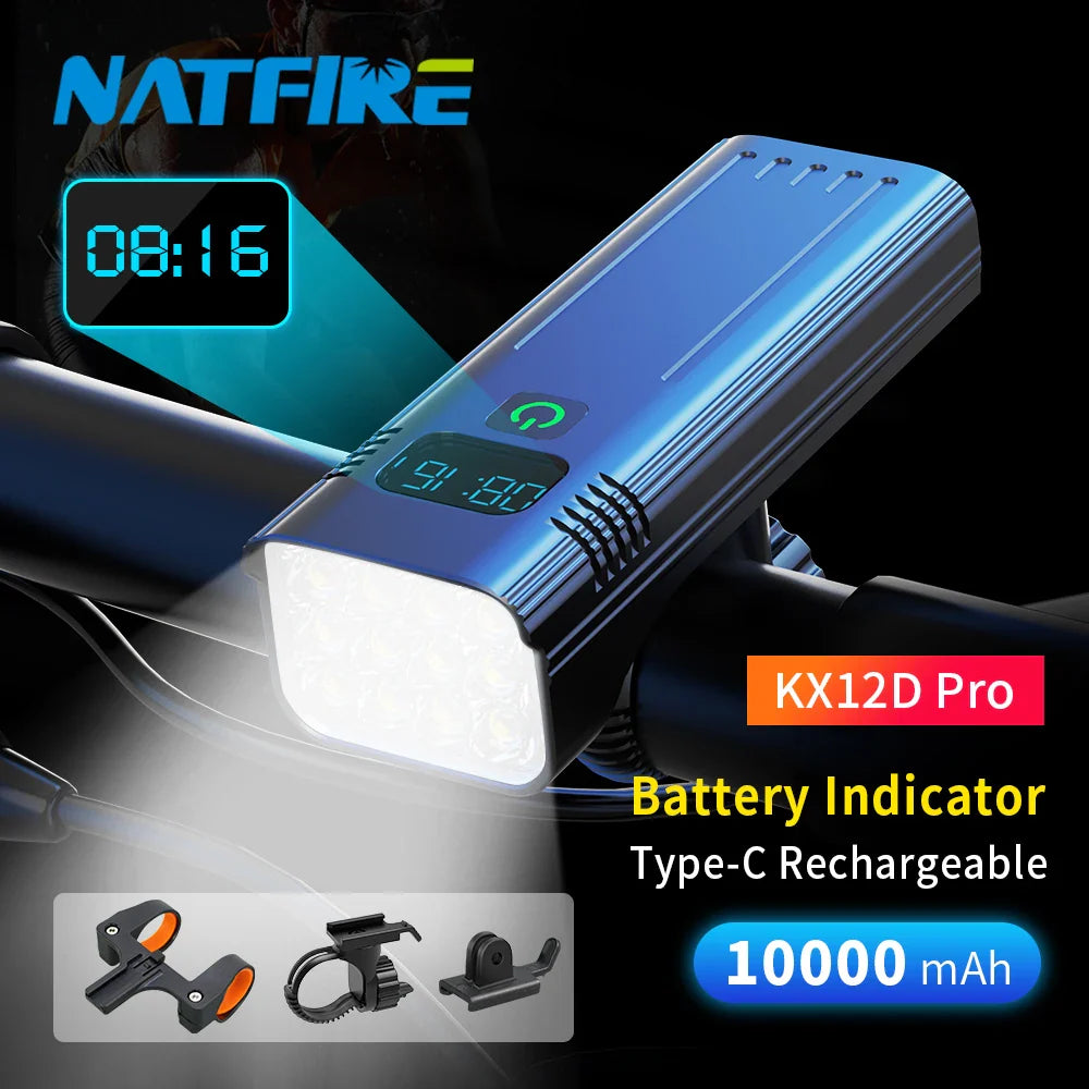 10000mAh Bicycle Light 12LEDs Type-C Digital Battery Indicator USB Rechargeable Bike Light Set with 3 Holders 5000LM Flashlight
