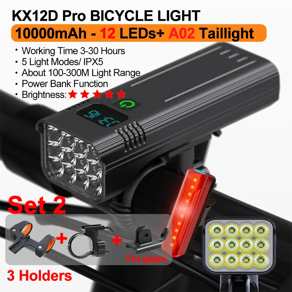 10000mAh Bicycle Light 12LEDs Type-C Digital Battery Indicator USB Rechargeable Bike Light Set with 3 Holders 5000LM Flashlight