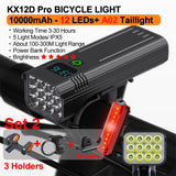 10000mAh Bicycle Light 12LEDs Type-C Digital Battery Indicator USB Rechargeable Bike Light Set with 3 Holders 5000LM Flashlight