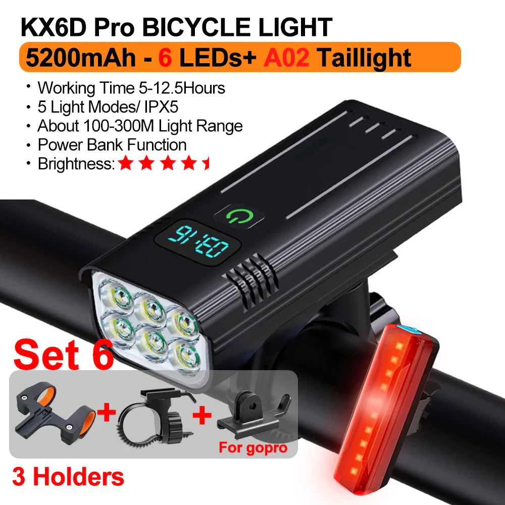 10000mAh Bicycle Light 12LEDs Type-C Digital Battery Indicator USB Rechargeable Bike Light Set with 3 Holders 5000LM Flashlight