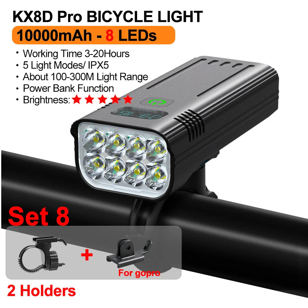 10000mAh Bicycle Light 12LEDs Type-C Digital Battery Indicator USB Rechargeable Bike Light Set with 3 Holders 5000LM Flashlight