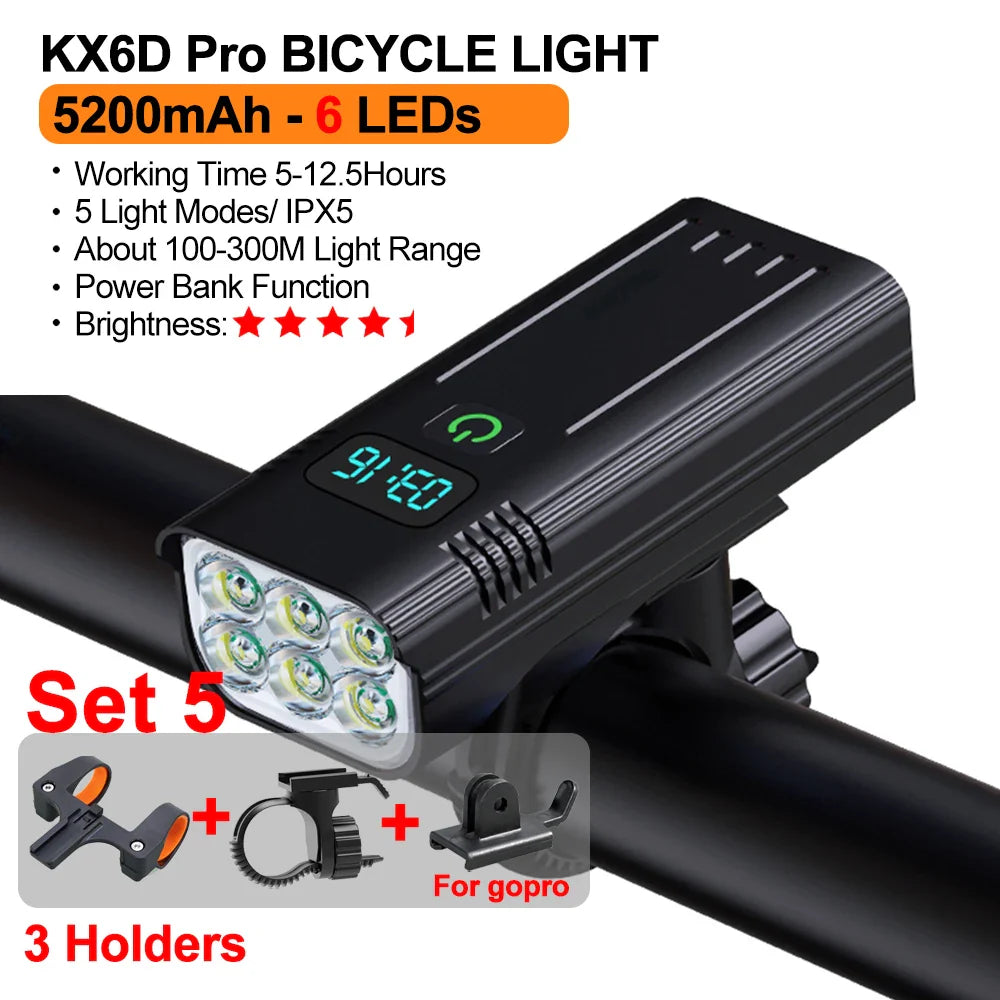 10000mAh Bicycle Light 12LEDs Type-C Digital Battery Indicator USB Rechargeable Bike Light Set with 3 Holders 5000LM Flashlight