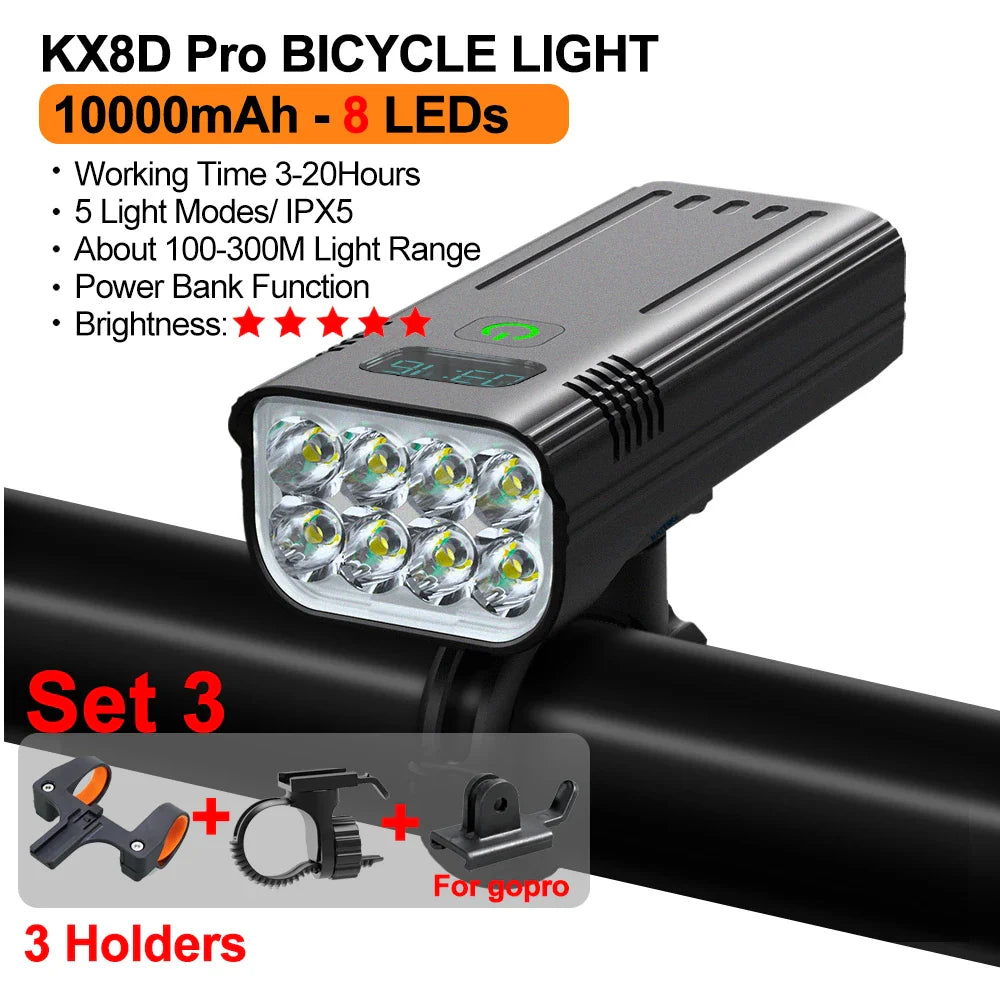 10000mAh Bicycle Light 12LEDs Type-C Digital Battery Indicator USB Rechargeable Bike Light Set with 3 Holders 5000LM Flashlight