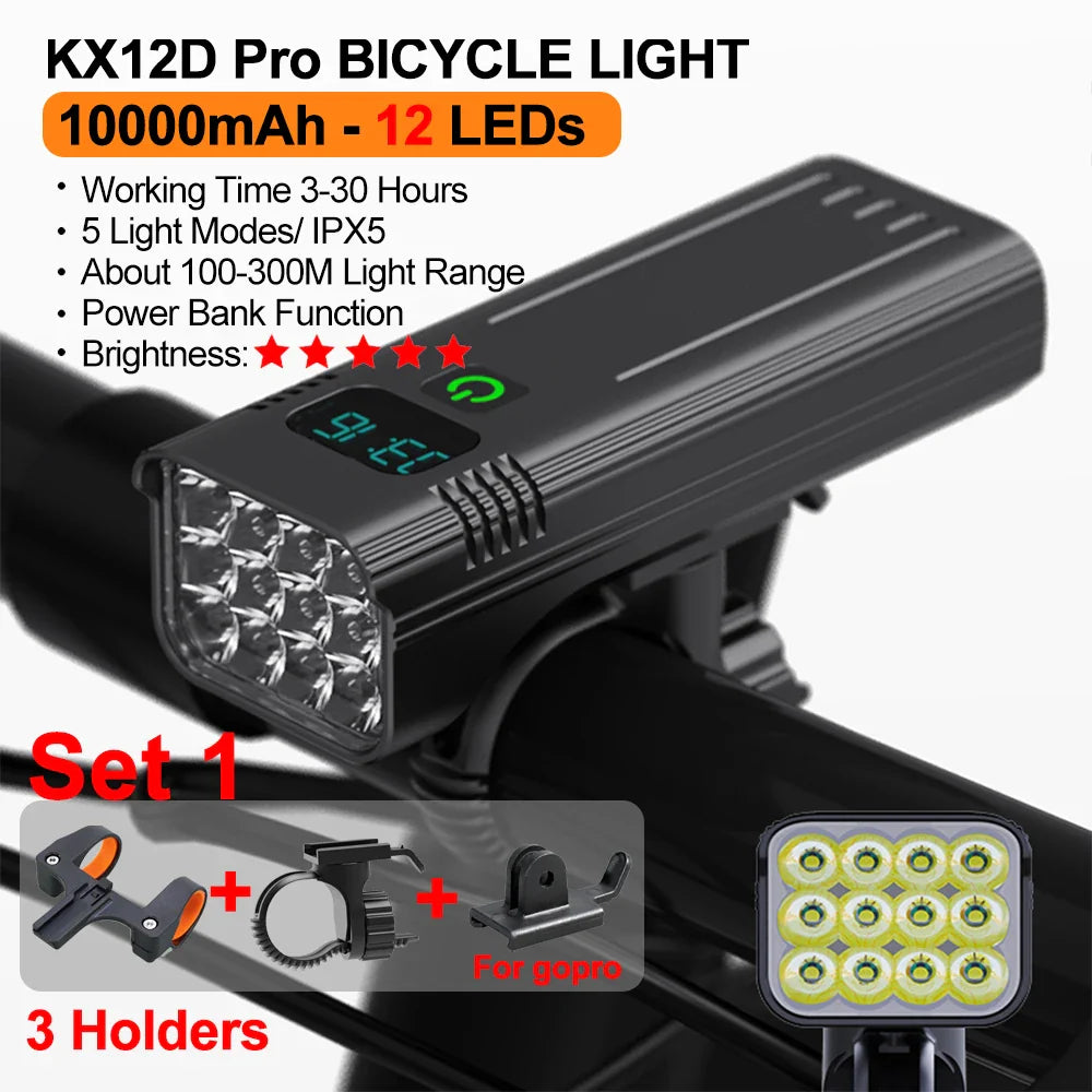 10000mAh Bicycle Light 12LEDs Type-C Digital Battery Indicator USB Rechargeable Bike Light Set with 3 Holders 5000LM Flashlight