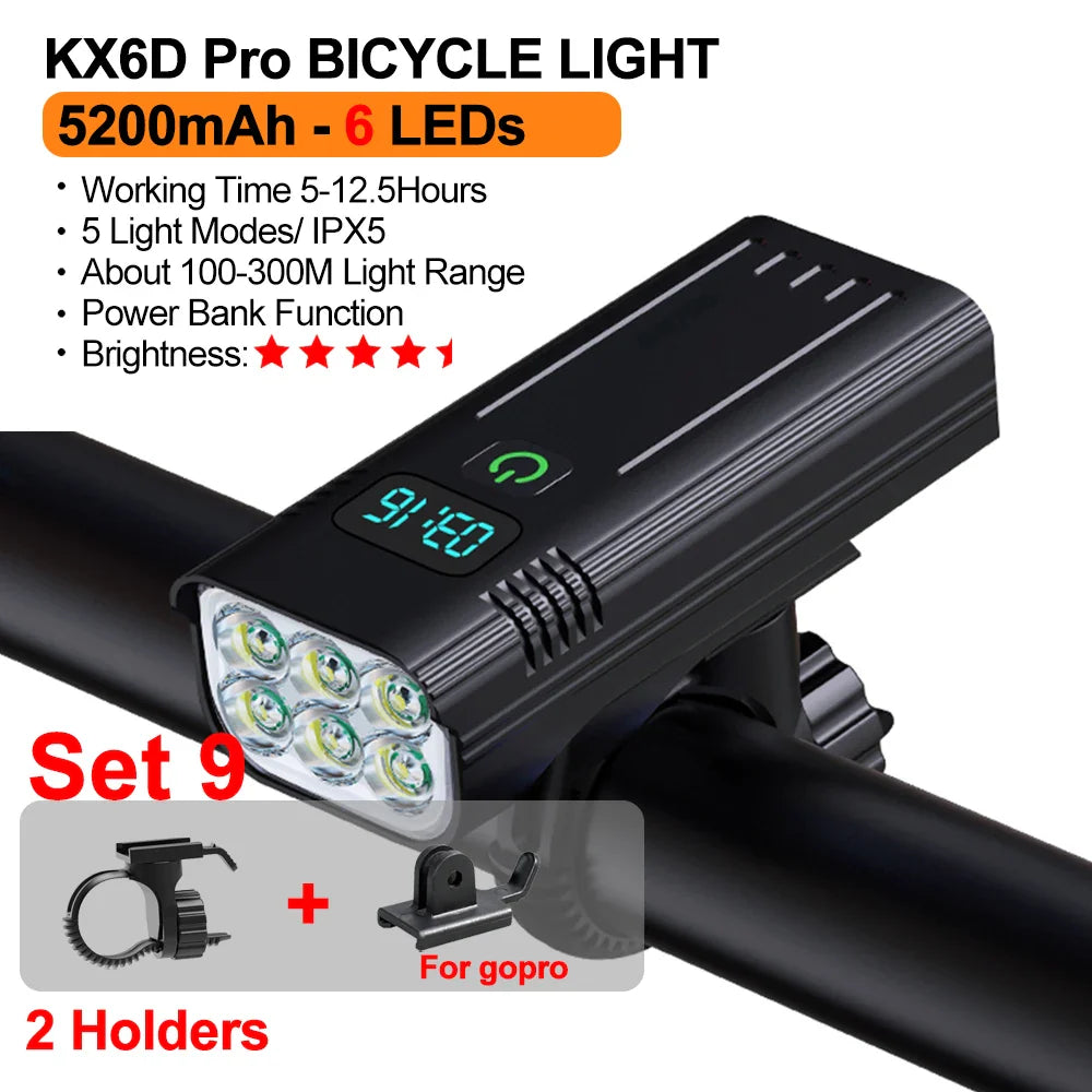 10000mAh Bicycle Light 12LEDs Type-C Digital Battery Indicator USB Rechargeable Bike Light Set with 3 Holders 5000LM Flashlight