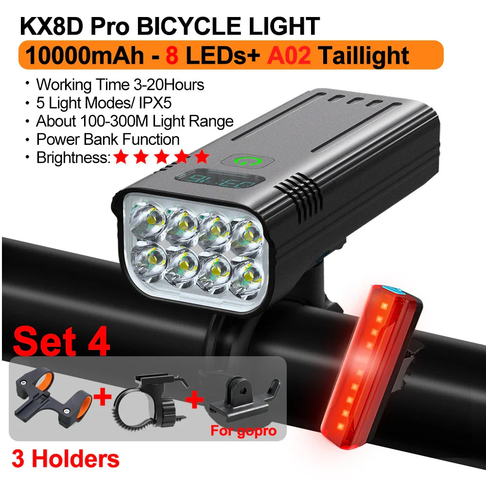 10000mAh Bicycle Light 12LEDs Type-C Digital Battery Indicator USB Rechargeable Bike Light Set with 3 Holders 5000LM Flashlight