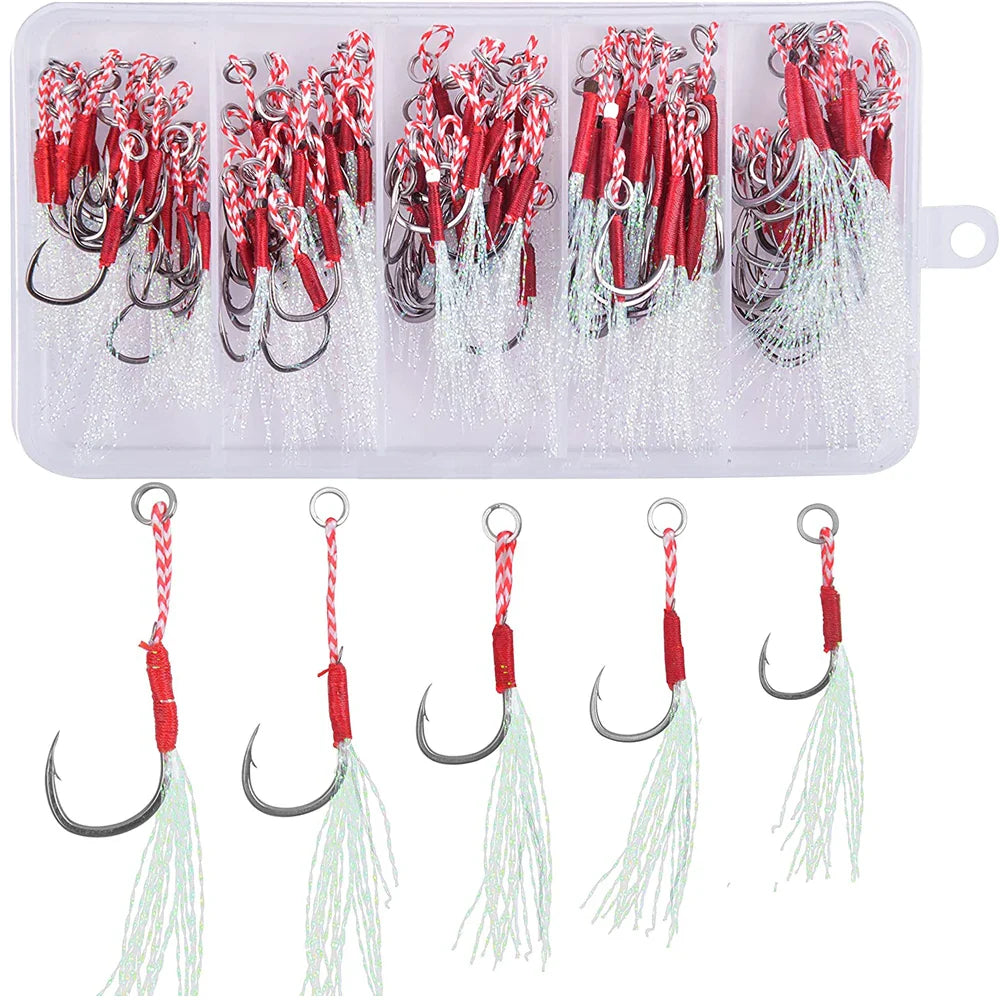 100Pcs/box Cast Jig Assist Hook Slow Jigging lure Bass Fishing Hooks Barbed Hook Tying Up Fishhook With Feather sea fishing hook