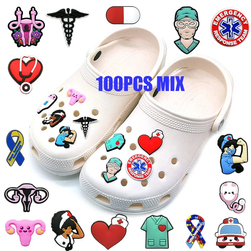 100pcs Medical Doctor Shoe Charms Accessories for Nurse Shoe Decorations Pins for Woman Men Clog Buckles Fit Garden Sandals Gift