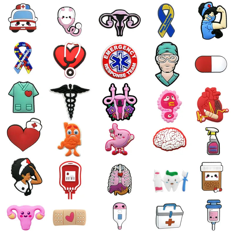 100pcs Medical Doctor Shoe Charms Accessories for Nurse Shoe Decorations Pins for Woman Men Clog Buckles Fit Garden Sandals Gift