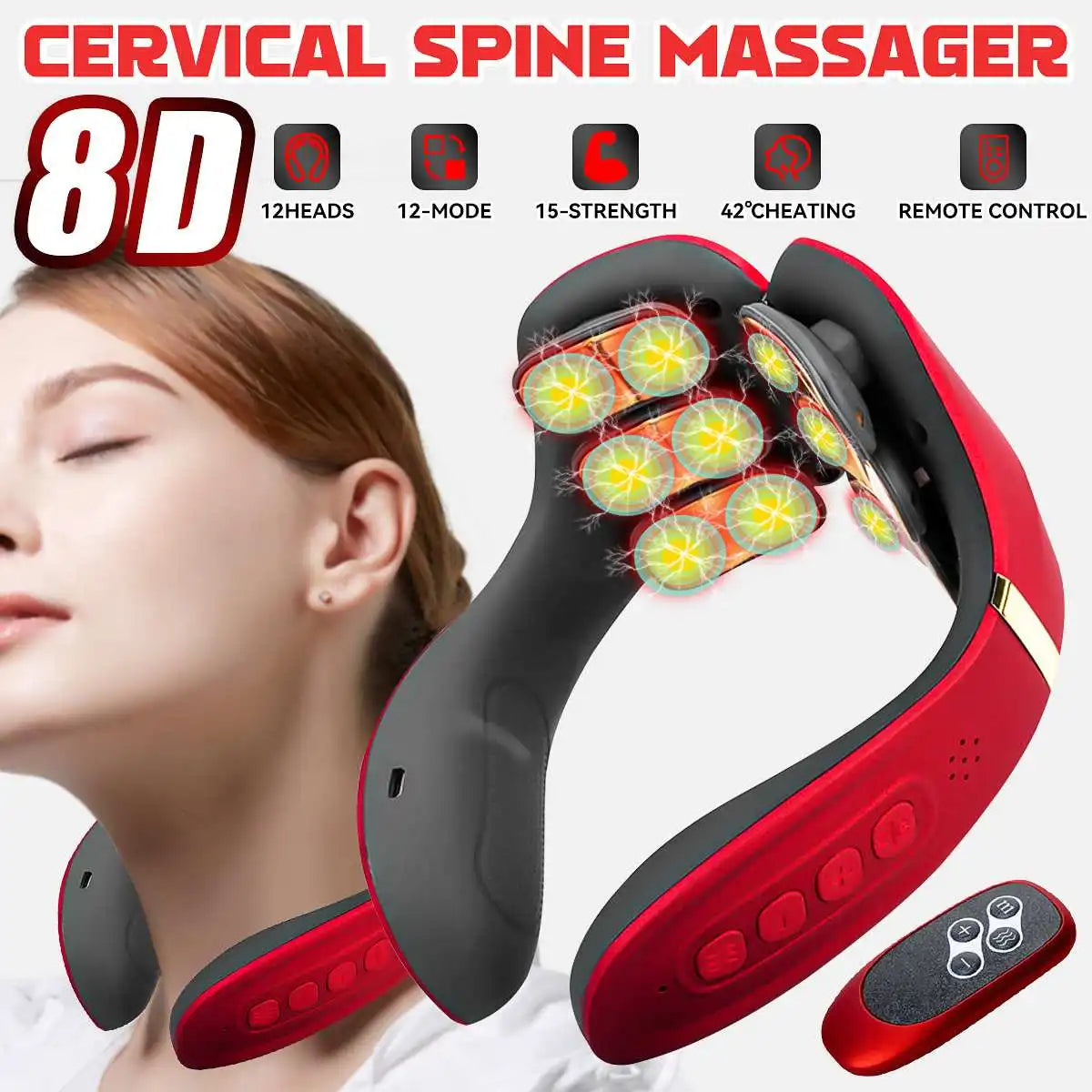 12 Heads Neck Massager Electric Cervical Massage Pulse Magnetic Therapy Hot Compress Neck Protector 15 Gears WIth Remote Control