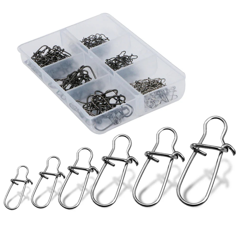 120pcs/box 6 Size Snap Stainless Steel Hook Lock Pin Swivel Solid Ring Safety Snaps Fishing Hooks Connector Fishing Tackle Tool