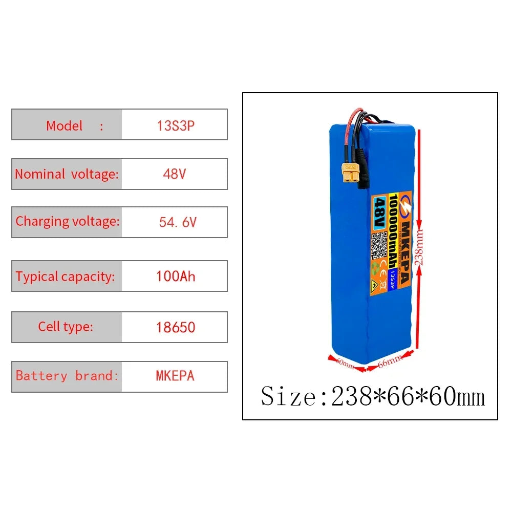 13S3P 48V 100000mAh 100Ah Lithium-ion Battery Pack with 1000W BMS for 54.6V E-bike Electric Bicycle Scooter