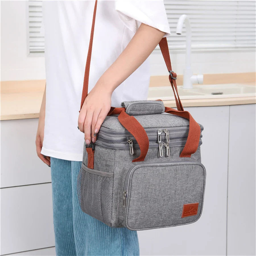 14L Portable Thermal Lunch Bag Double Layers Durable Waterproof Cooler Lunch Box Ice Insulated Case Oxford Dinner Shoulder Bag