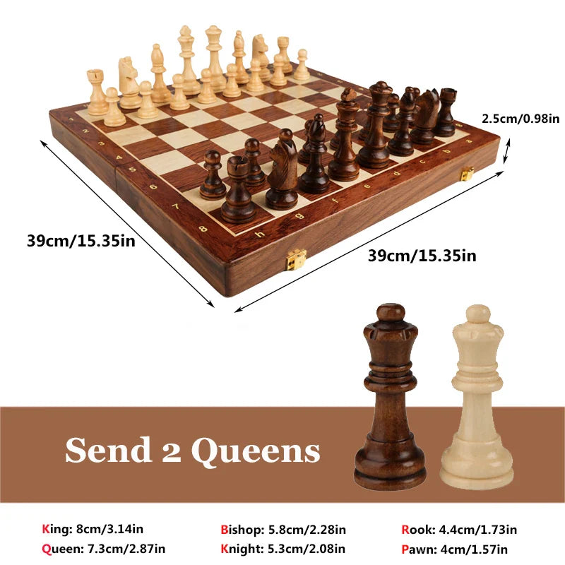 15" x 15" High-end Folding Chess Set Top Grade Classic Handwork Solid Wood Pieces Walnut Chessboard Children Gift Board Game