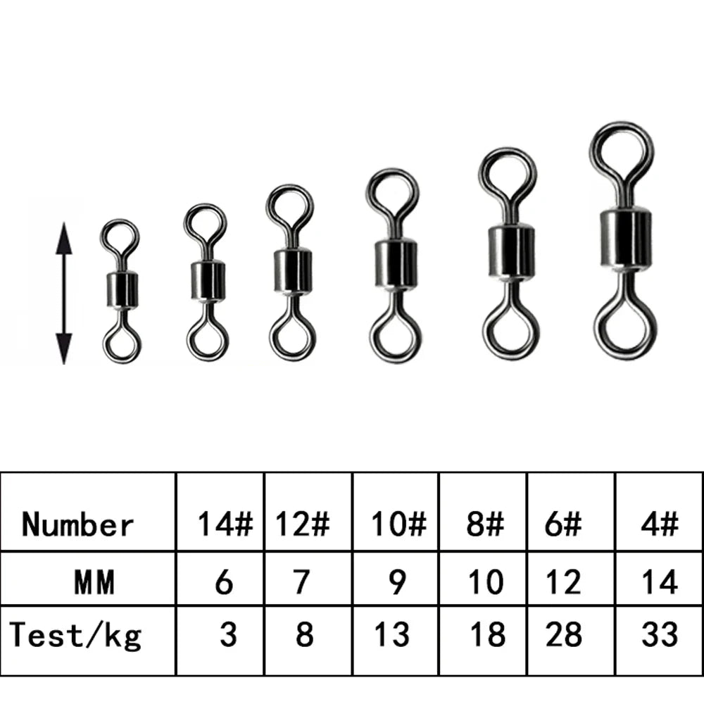 150pcs/1box 6 Size Fishing Swivel Solid Connector Ball Bearing Snap Fishing Swivels Rolling Stainless Steel Bead Fish Tackle Box