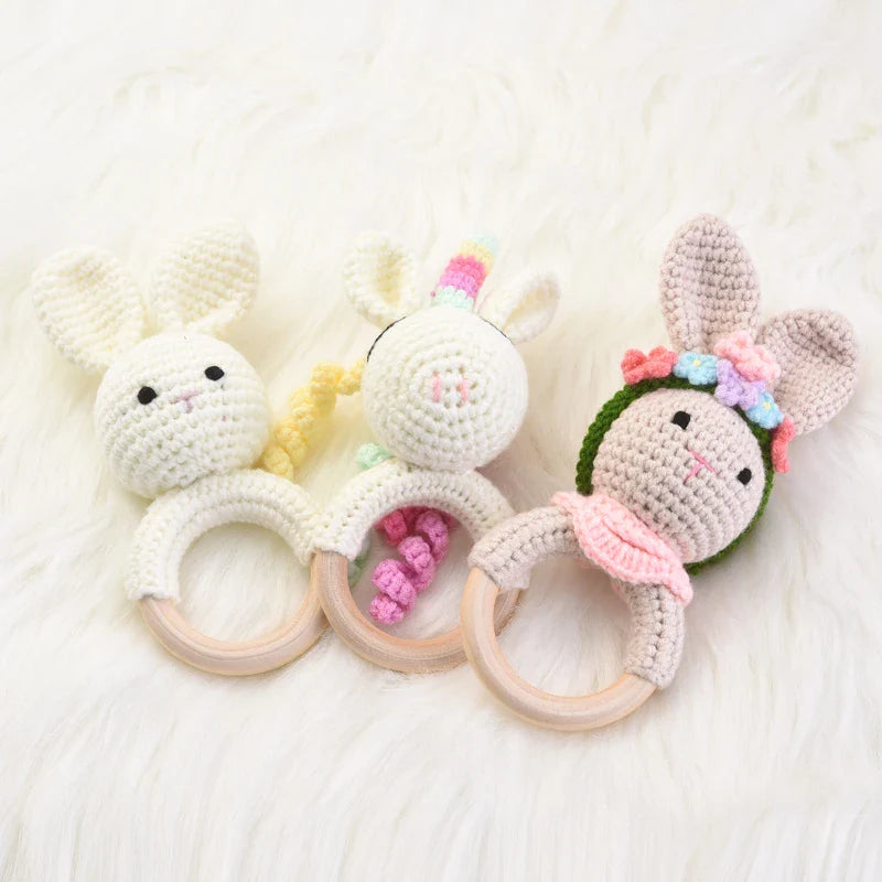 1Pcs Crochet Animal Rabbit Rattle Toy Baby Wooden Rings Bracelet Nursing Teether Teething Rings For Baby Educational Toys Gifts