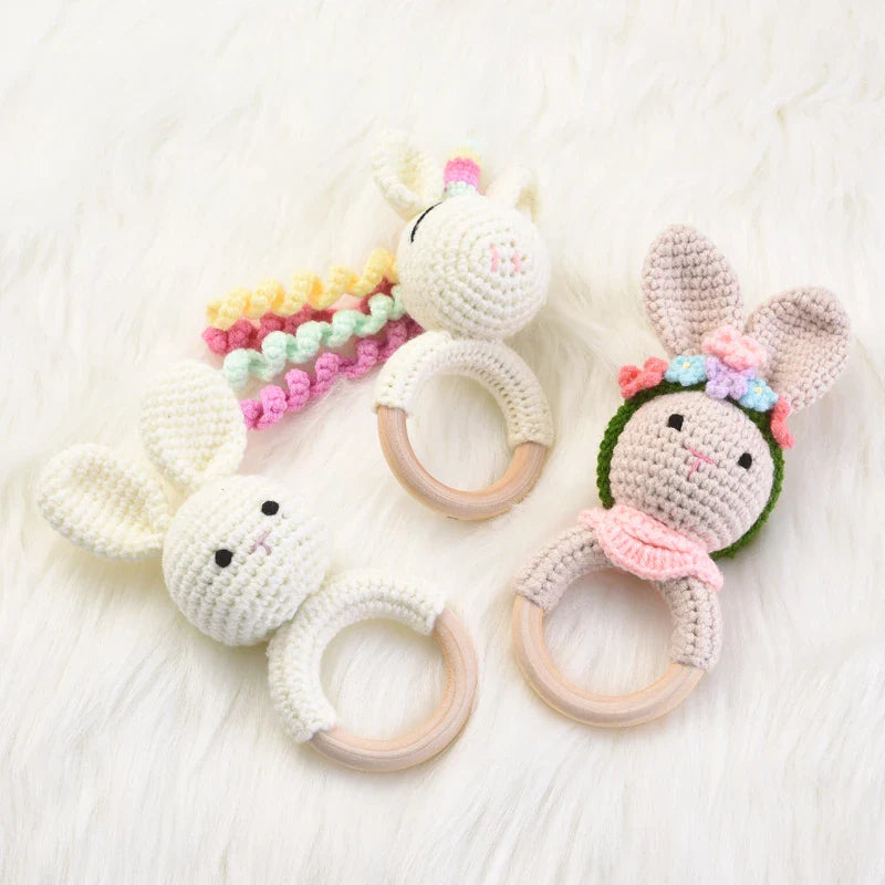 1Pcs Crochet Animal Rabbit Rattle Toy Baby Wooden Rings Bracelet Nursing Teether Teething Rings For Baby Educational Toys Gifts