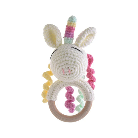 1Pcs Crochet Animal Rabbit Rattle Toy Baby Wooden Rings Bracelet Nursing Teether Teething Rings For Baby Educational Toys Gifts