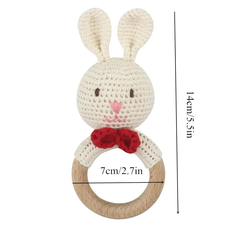 1pc Safety Wooden Baby Teether Crochet Cartoon Long Ear Bunny Baby Rattler Mobile Crib Rattle Bell Newborn Handbell Teething Toy