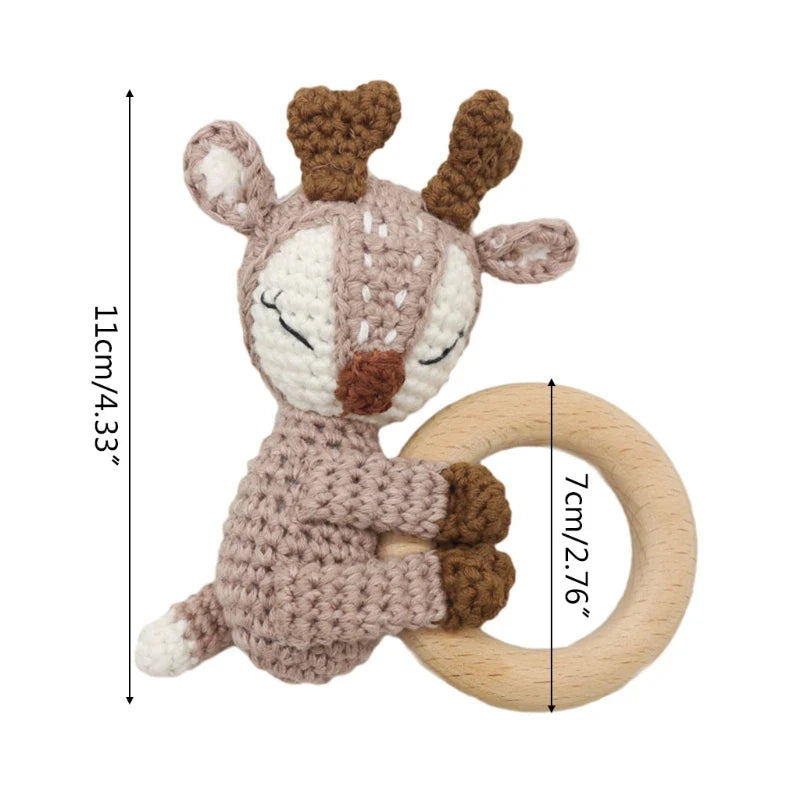 1pc Safety Wooden Baby Teether Crochet Cartoon Long Ear Bunny Baby Rattler Mobile Crib Rattle Bell Newborn Handbell Teething Toy