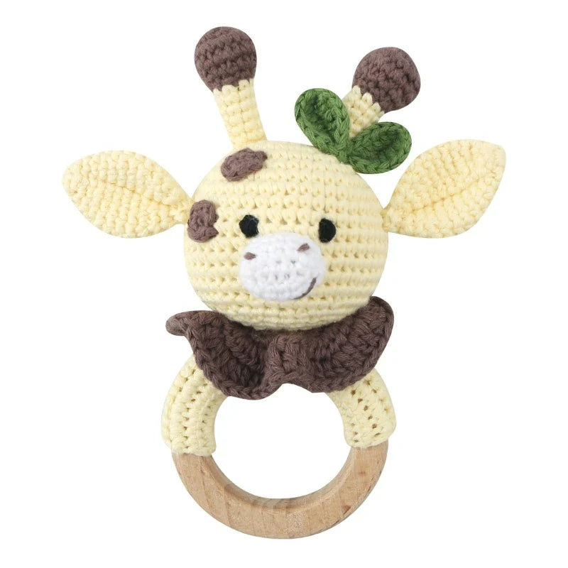 1pc Safety Wooden Baby Teether Crochet Cartoon Long Ear Bunny Baby Rattler Mobile Crib Rattle Bell Newborn Handbell Teething Toy