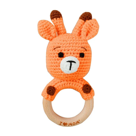 1pc Safety Wooden Baby Teether Crochet Cartoon Long Ear Bunny Baby Rattler Mobile Crib Rattle Bell Newborn Handbell Teething Toy