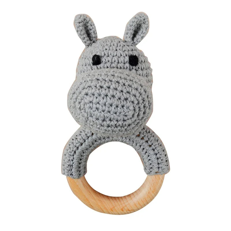 1pc Safety Wooden Baby Teether Crochet Cartoon Long Ear Bunny Baby Rattler Mobile Crib Rattle Bell Newborn Handbell Teething Toy