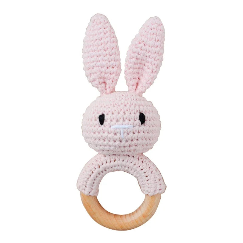 1pc Safety Wooden Baby Teether Crochet Cartoon Long Ear Bunny Baby Rattler Mobile Crib Rattle Bell Newborn Handbell Teething Toy