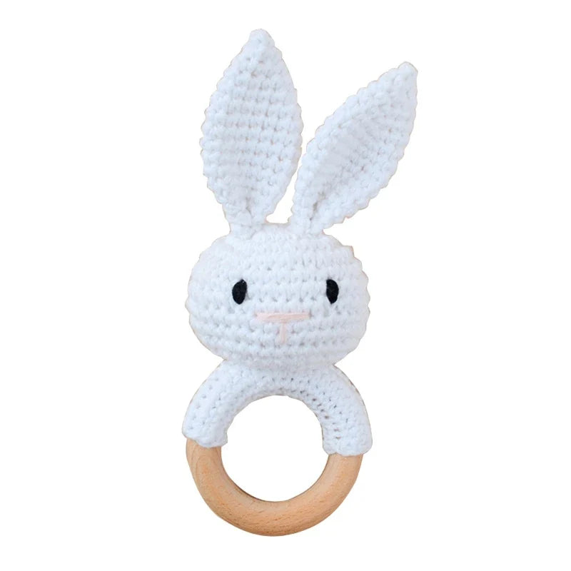 1pc Safety Wooden Baby Teether Crochet Cartoon Long Ear Bunny Baby Rattler Mobile Crib Rattle Bell Newborn Handbell Teething Toy