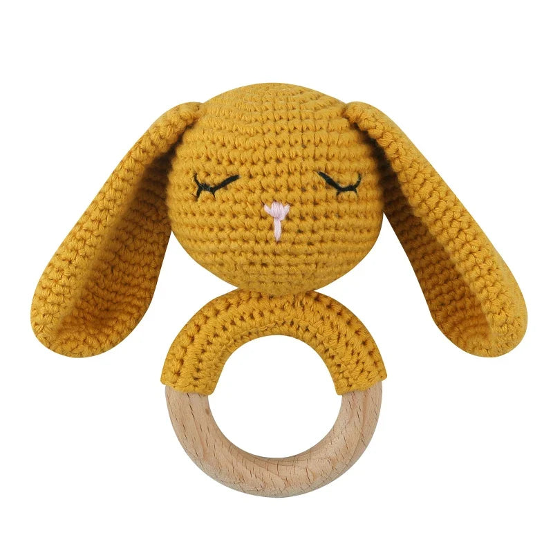 1pc Safety Wooden Baby Teether Crochet Cartoon Long Ear Bunny Baby Rattler Mobile Crib Rattle Bell Newborn Handbell Teething Toy